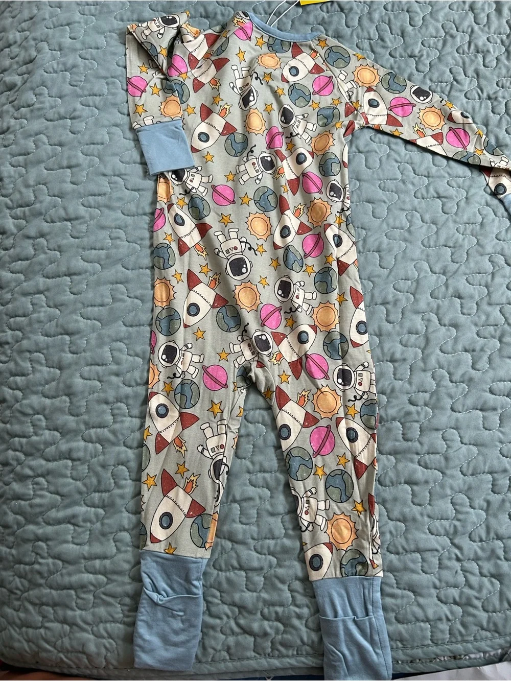 Kids Space Rocket Zip Pajamas - Gray with Multicolor Prints